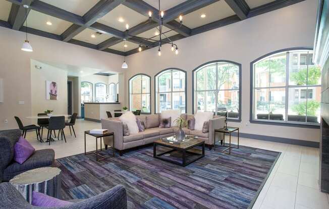 A living room with a purple rug and a grey couch.