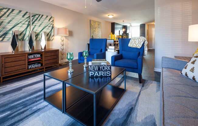 a living room with a coffee table with a parks sign on it