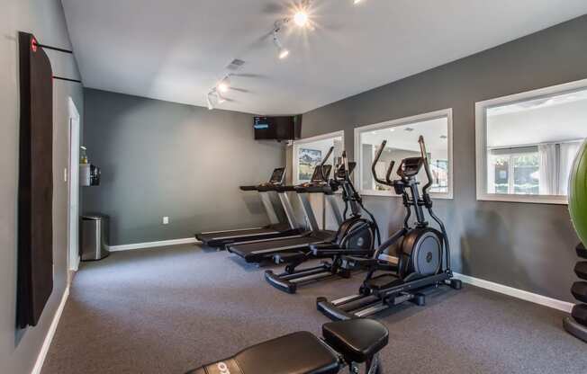 fitness center. Ellipticals, bench, treadmills.