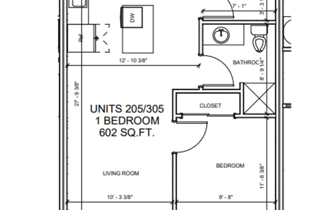 1 bed, 1 bath, 602 sqft, $1,300, Unit 305