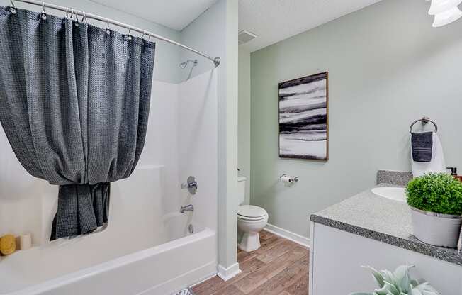 Bathroom with Shower and Tub and Hardwood Style Flooring