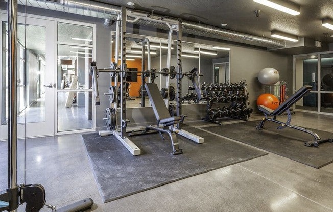 A gym with a variety of equipment including weights and weight machines.