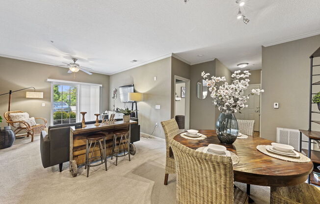 Fenwyck Manor model apartment dining and living area with model decor and furnishings