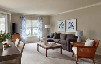A living room with a grey couch, a wooden table and a television.