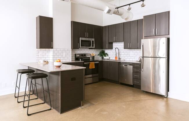 a kitchen with a large island and stainless steel appliances at The Ferguson Apartments, Detroit, 48226