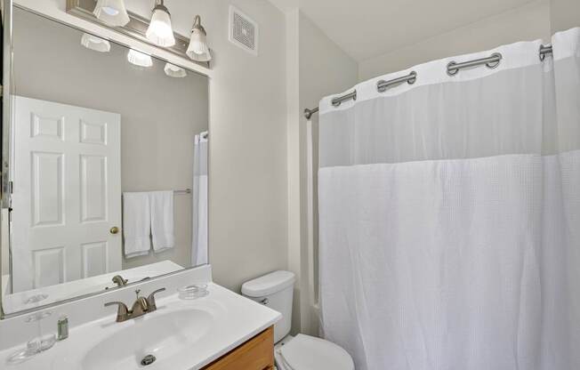 A classic style bathroom with toilet, vanity and shower