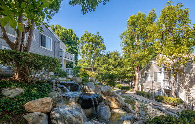 A residential area with a waterfall.
