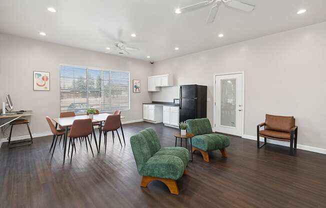 Community Clubhouse with Lounge Furniture and Kitchenette Area at Indigo Park Apartments located in Albuquerque, NM.