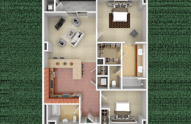 A 3D floor plan of a house with a kitchen, living room, and bedrooms.