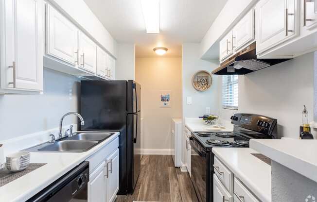 kitchen with white cabinets and black appliances