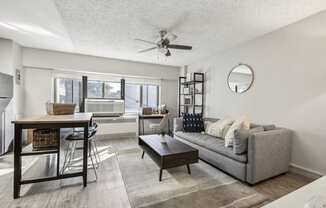 a living room with a couch and a table and a ceiling fan at Archer Tower in Denver, CO
