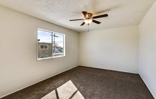 Bedroom with ceiling fan and carpeted floors