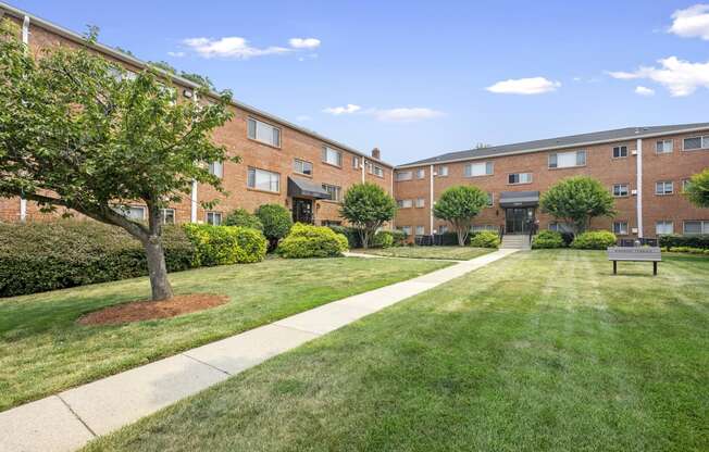 our apartments have a spacious courtyard with grass and trees