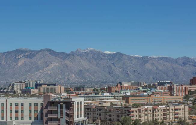 A cityscape with buildings and mountains in the background.