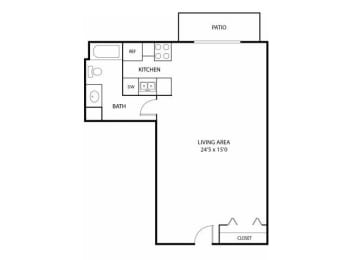Studio, 1 bath, 640 sqft, $1,200