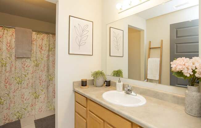 A bathroom with a floral shower curtain and a mirror above a sink.