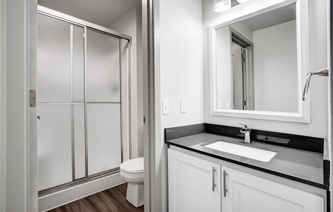 a bathroom with a sink toilet and shower