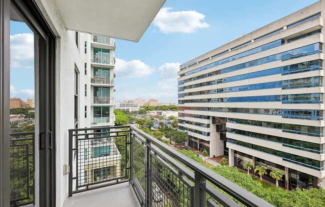 Scenic balcony view from MB Station apartments showcasing Miami city views and convenient access to Coral Gables, Brickell, and Downtown Miami.