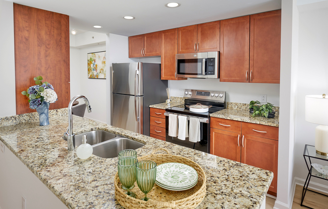 Newly Renovated Ellington Floor Plan Kitchen at Meridian at Grosvenor Station featuring sleek stainless steel appliances, modern vinyl plank wood-style flooring, and updated lighting fixtures that complement existing granite countertops and custom cabinetry.