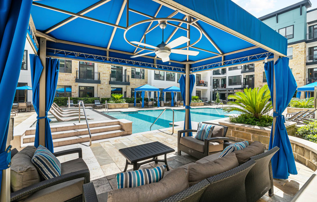 the preserve at ballantyne commons pool and patio area with blue umbrellas