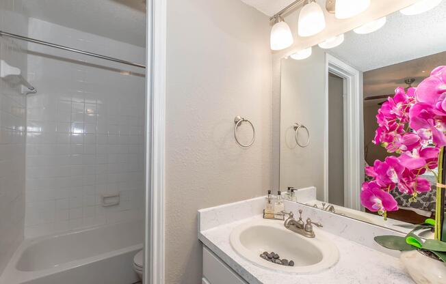 A modern bathroom featuring a white bathtub with a shower, a white vanity with a sink, and a large mirror. The decor includes a vibrant pink orchid in a vase, adding a touch of elegance. The walls are painted in a light gray, enhancing the bright and airy feel of the space.