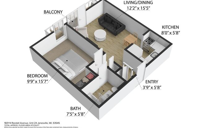 1 bed, 1 bath, 550 sqft, $1,325, Unit 1601-15