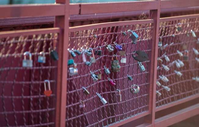 a red fence with a bunch of padlocks on it