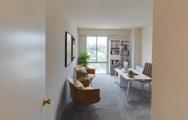 Staged bedroom that has flexible office space