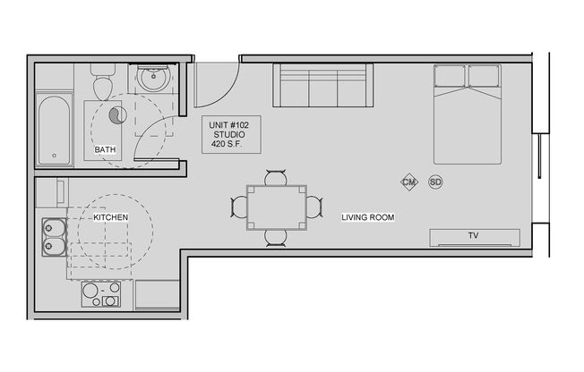 Studio, 1 bath, 420 sqft, $1,795, Unit 304