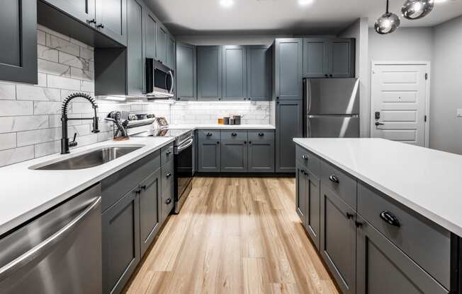 a kitchen with stainless steel appliances and gray cabinets at The Alibi at Lake Lilly, Ocoee, FL