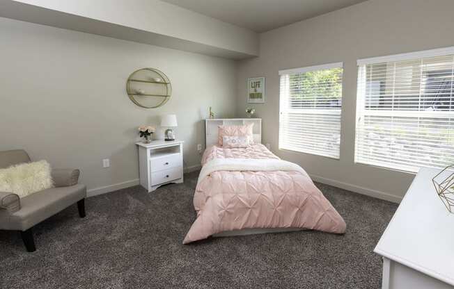a bedroom with gray carpeting and a bed with a pink comforter