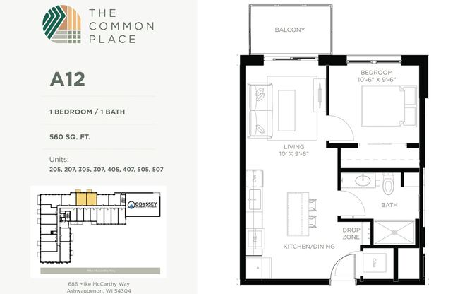 1 bed, 1 bath, 555 sqft, $1,450, Unit 405