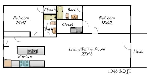 2 beds, 2 baths, 1,048 sqft, $1,251