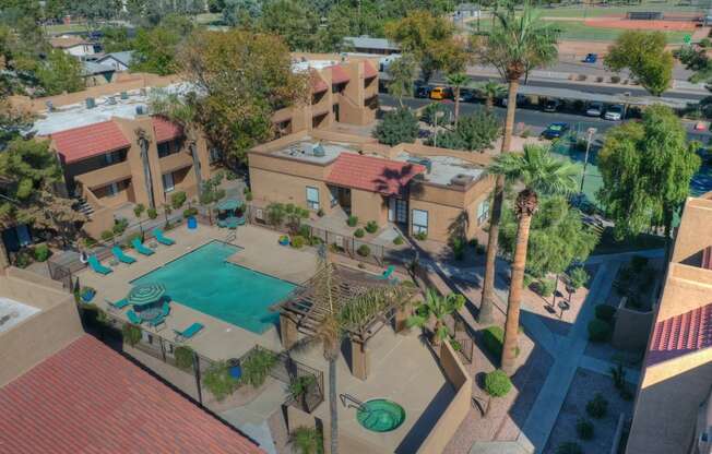 Aerial Pool (2) at Avenue 8 Apartments in Mesa AZ Nov 2020