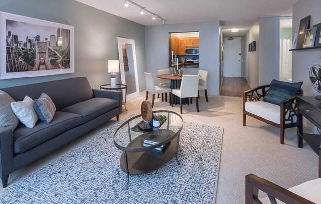 Spacious living rooms at Columbus Plaza, Chicago