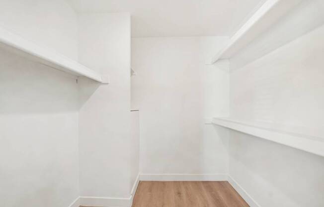 A white room with wooden floors and shelves.