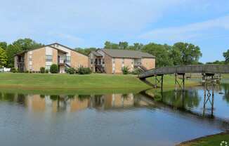 A serene lake with a bridge and houses in the background.