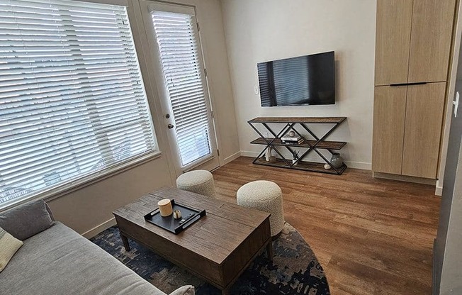 A living room with a grey couch, a wooden coffee table, a television, and a black and white rug.