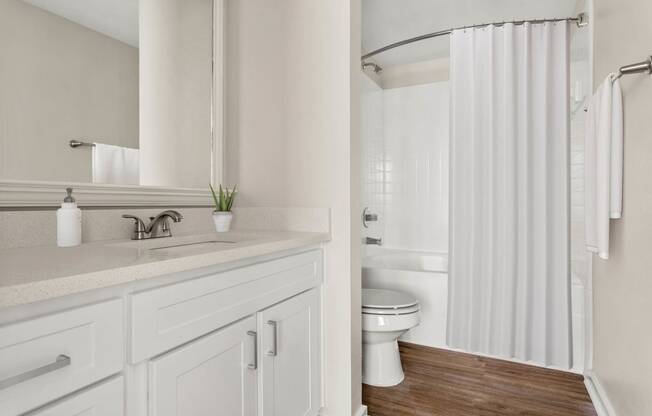 a bathroom with a shower and a sink and a toilet at Villages of Cypress Creek, Houston