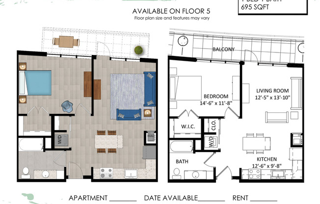 1 bed, 1 bath, 695 sqft, $1,900, Unit 515