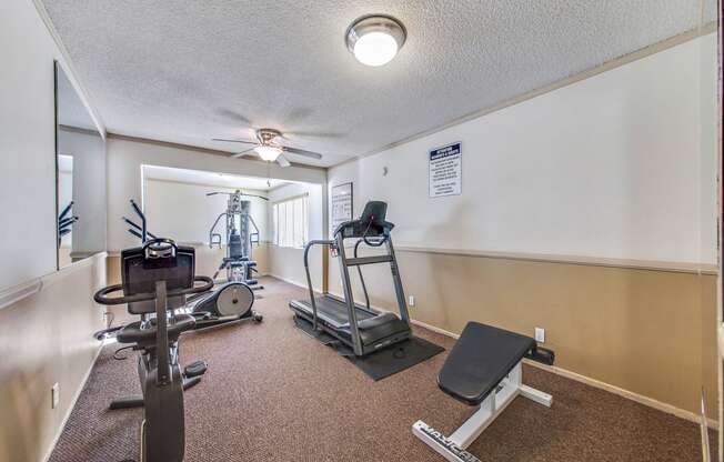 Fitness center including treadmill, stationary bike, Sit-up bench and pec deck machine
