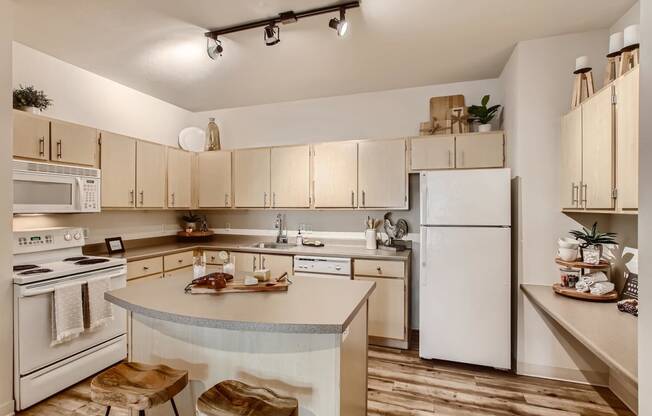 Apartments in Fairview for Rent-Lodges at Lake Salish-Kitchen with Appliances, Spotlight Lighting, and Hardwood Style Flooring