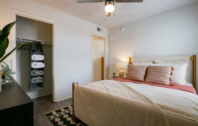 a bedroom with a bed and a closet with towels