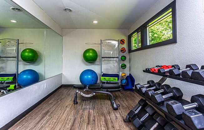A gym room with a mirror, exercise balls, dumbbells, and a bench.