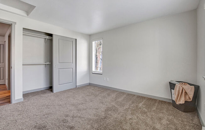 a bedroom with a closet and a window