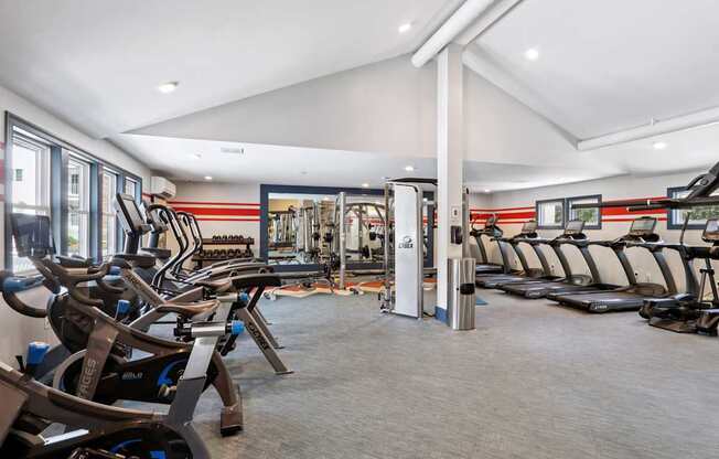 A gym with treadmills and exercise equipment.