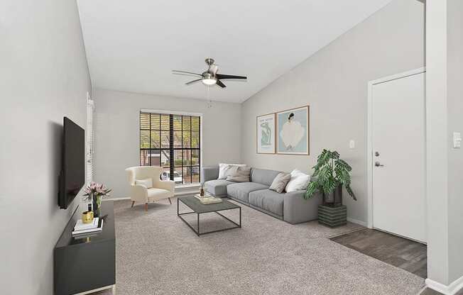 Model Living Room with Carpet and Window View at Grand Pavilion Apartments in Tampa, FL.