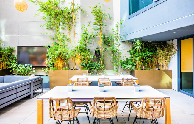 A table with chairs and plants in a modern outdoor setting.
