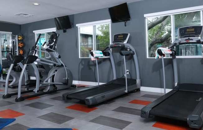 Fifteen 50 apartments near Las Vegas strip on site gym with treadmills, ellipticals, yoga mats, exercise balls, and dumbbell weights.