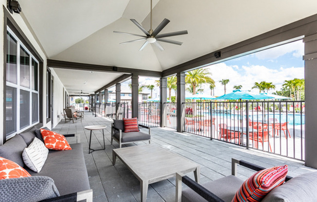 furnished patio next to exterior pool in daytime